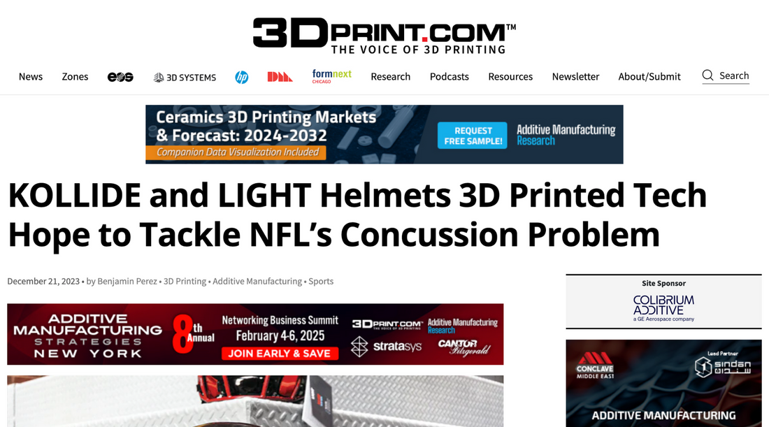 3D Print | KOLLIDE and LIGHT Helmets 3D Printed Tech Hope to Tackle NFL’s Concussion Problem