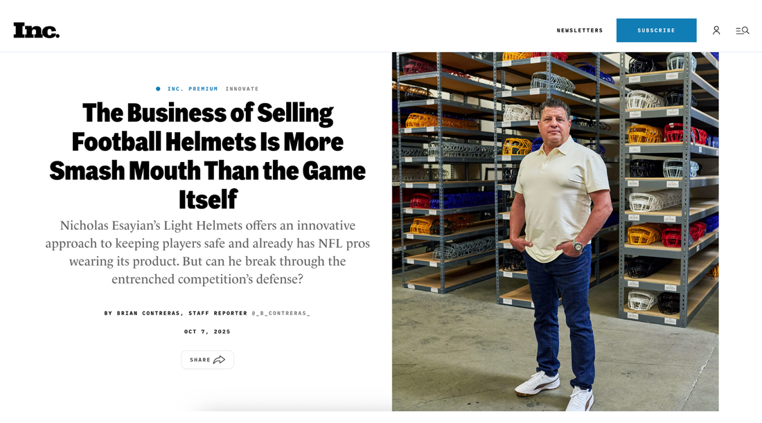 “Inc. magazine feature story about LIGHT Helmets challenging legacy football helmet brands.”
