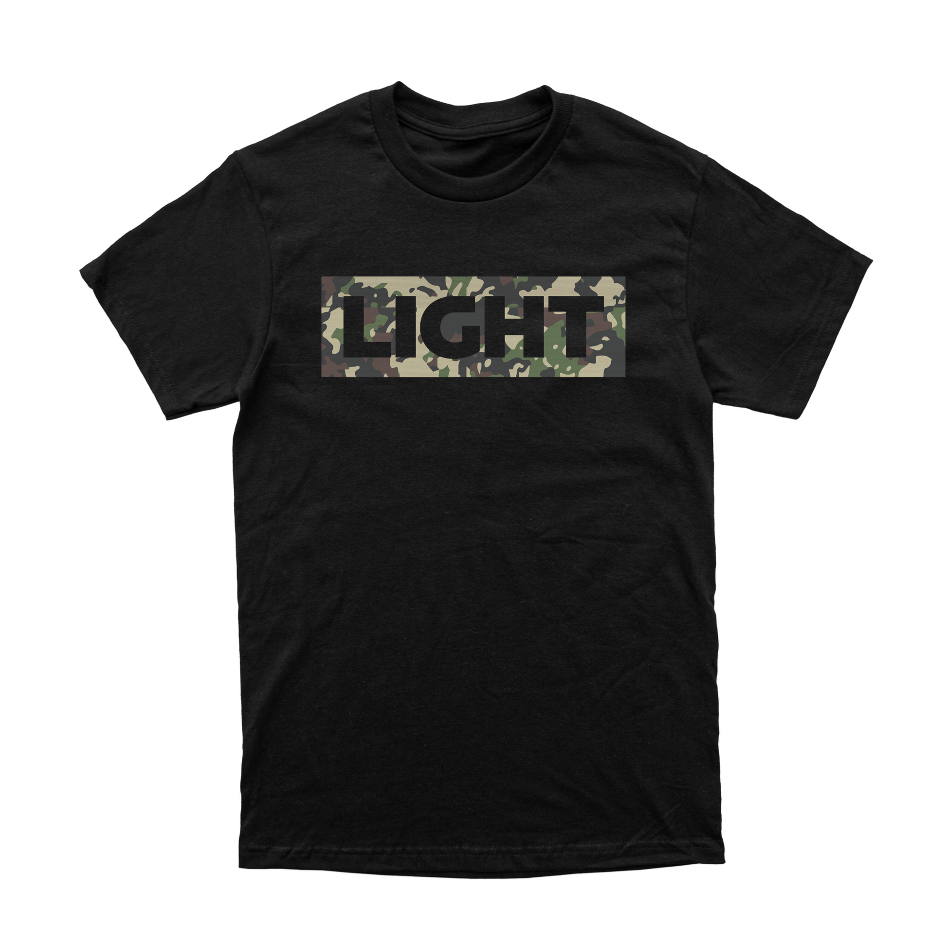 Black t-shirt with camouflage text on a white background