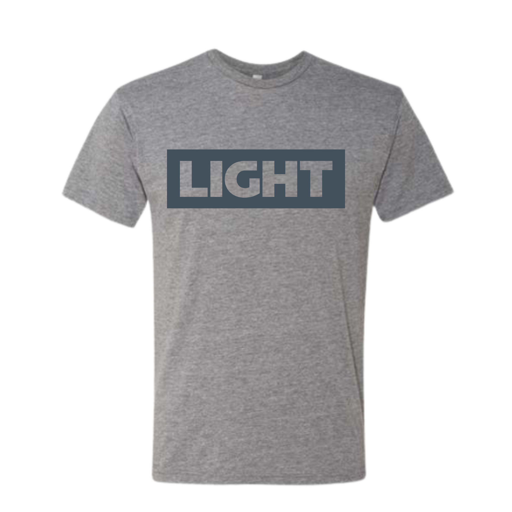 Gray t-shirt with 'LIGHT' printed on a white background