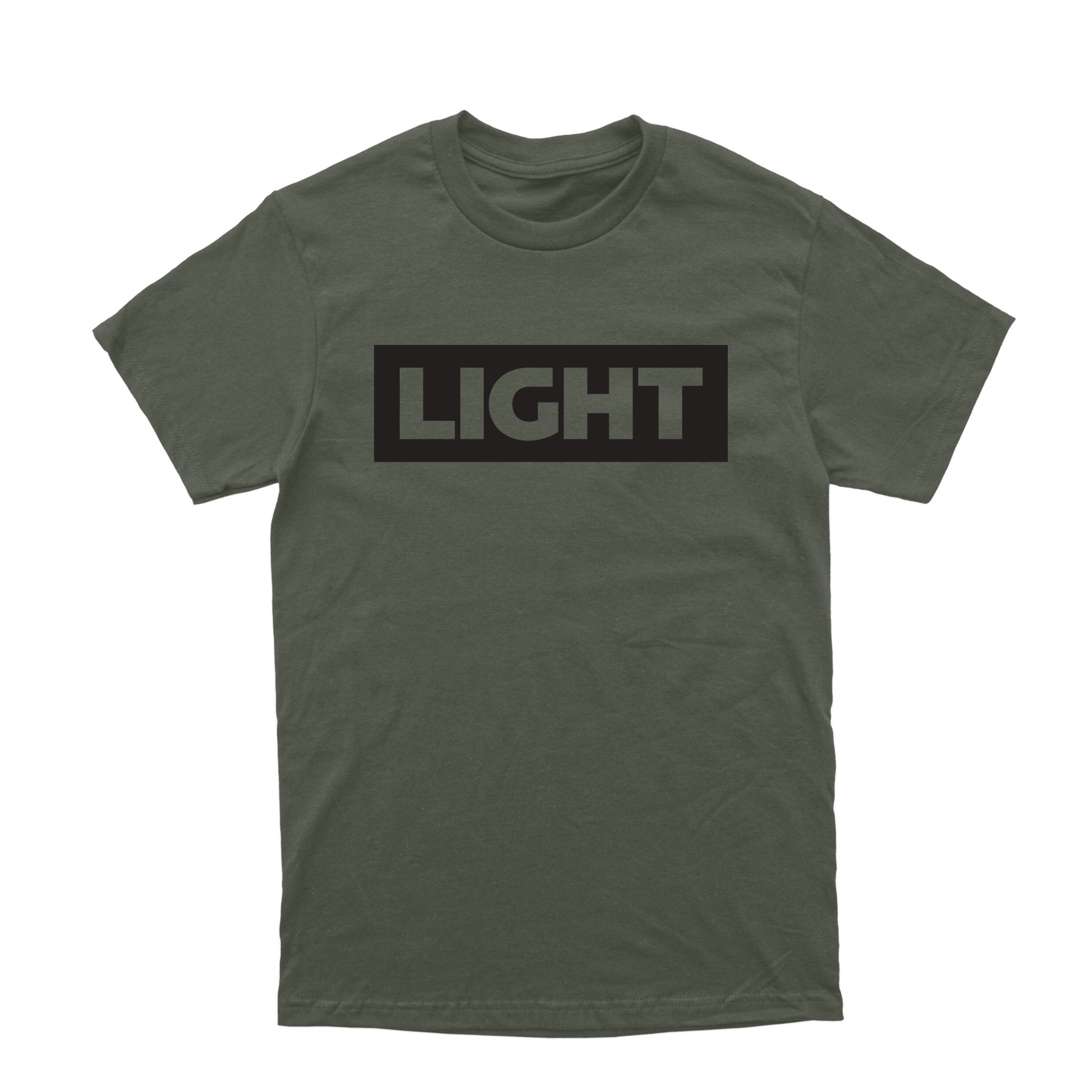 Green t-shirt with 'LIGHT' printed on a white background