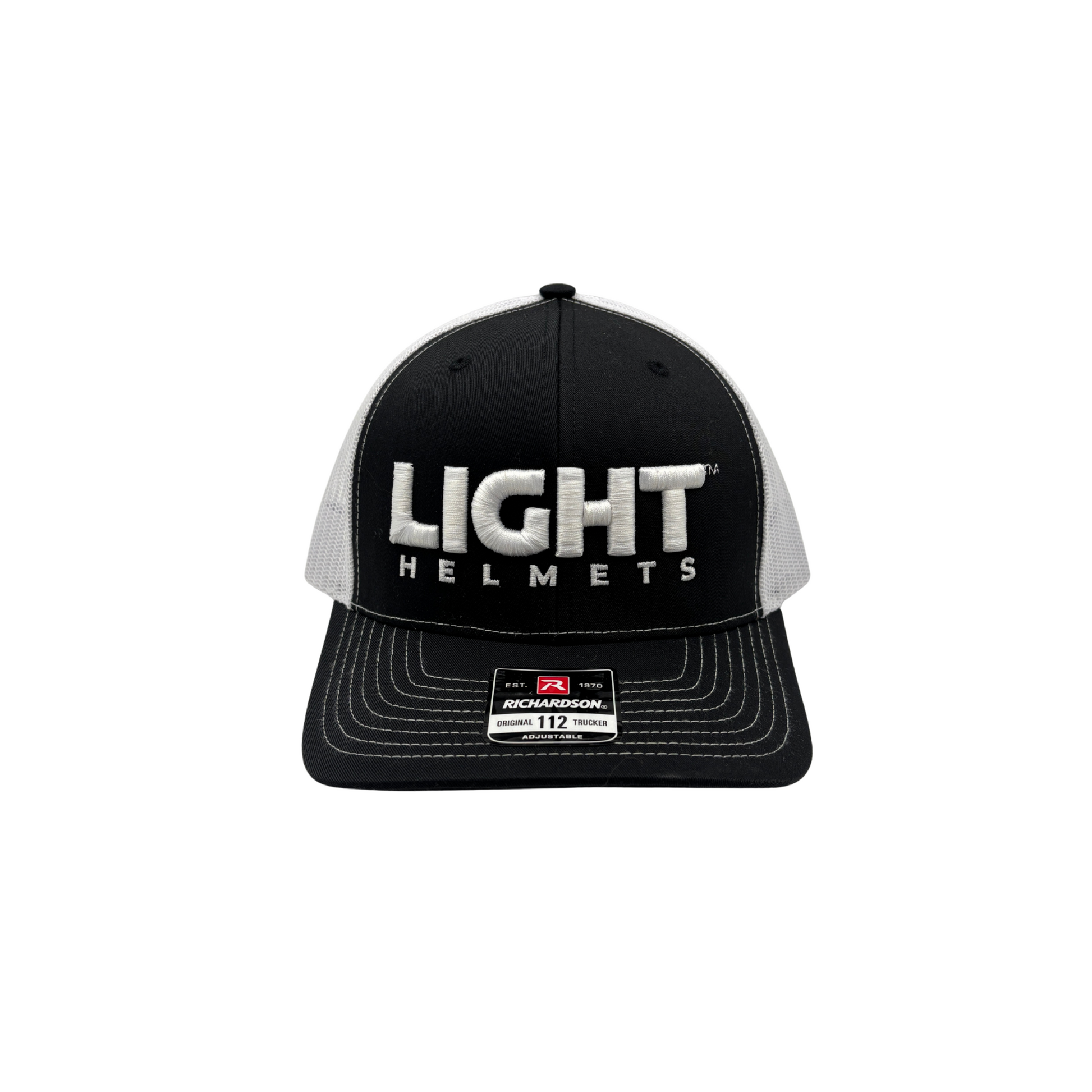 Black and white cap with 'LIGHT HELMETS' branding on a white background