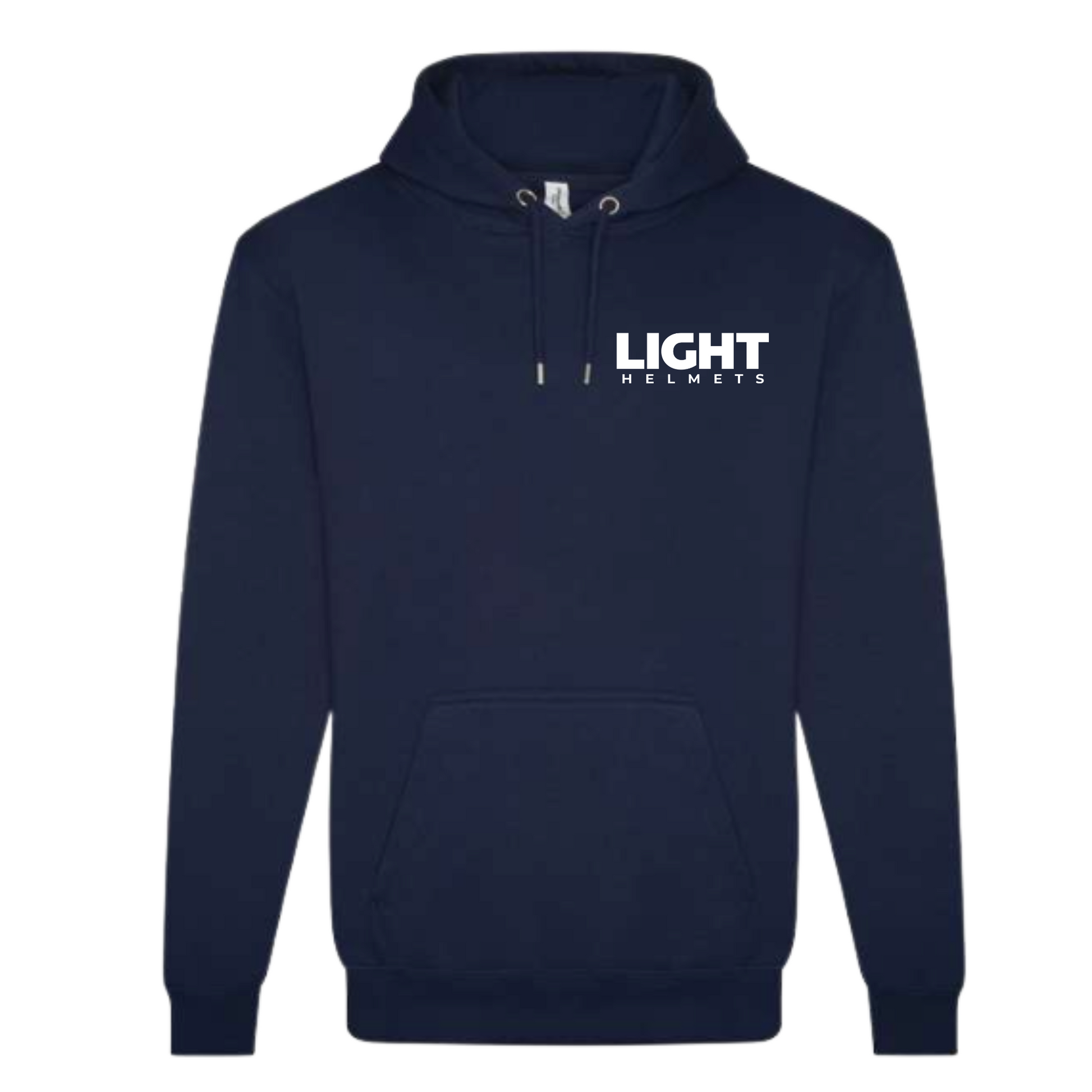 Navy blue hoodie with 'LIGHT HELMETS' logo on a white background