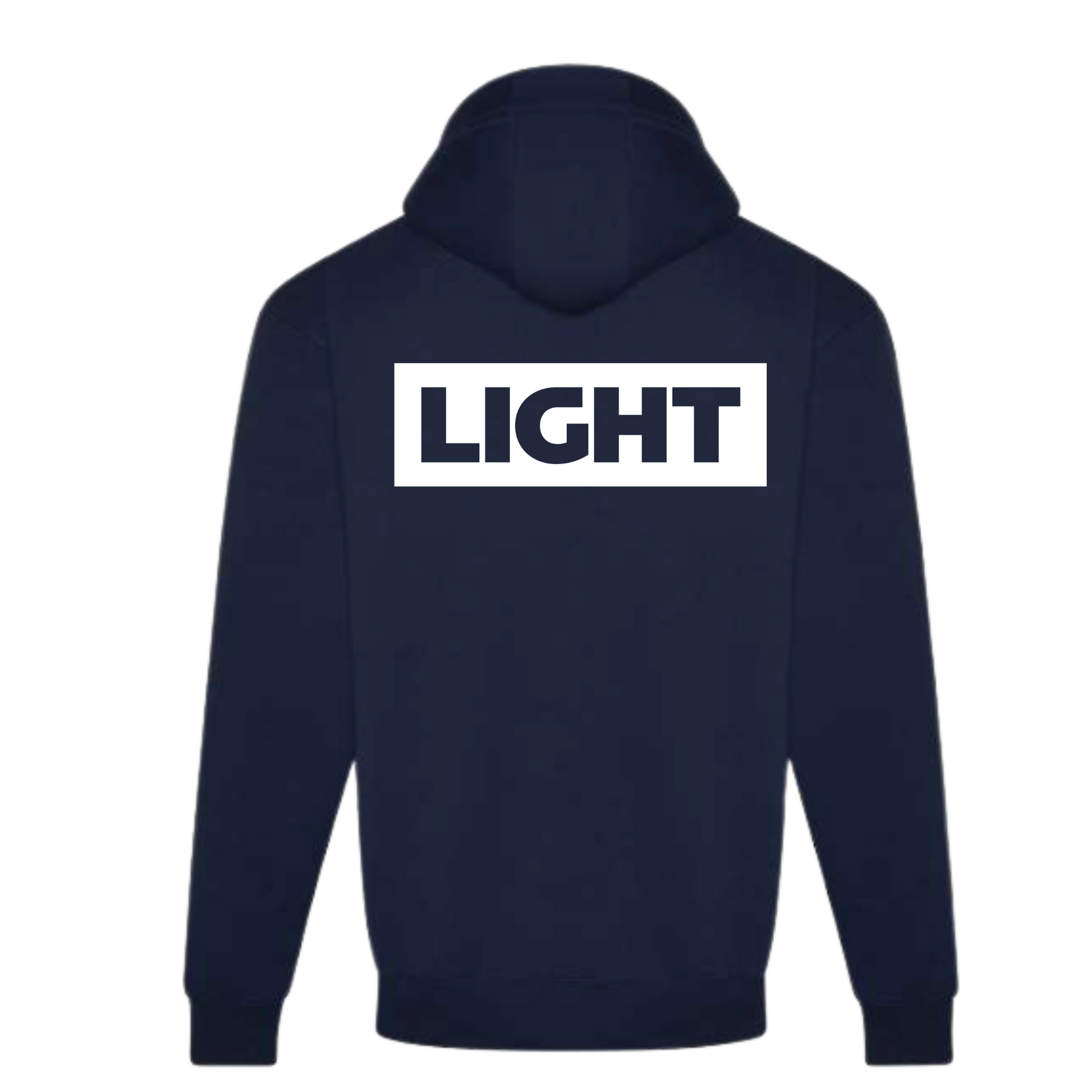 Navy blue hoodie with 'LIGHT' printed on the back against a white background
