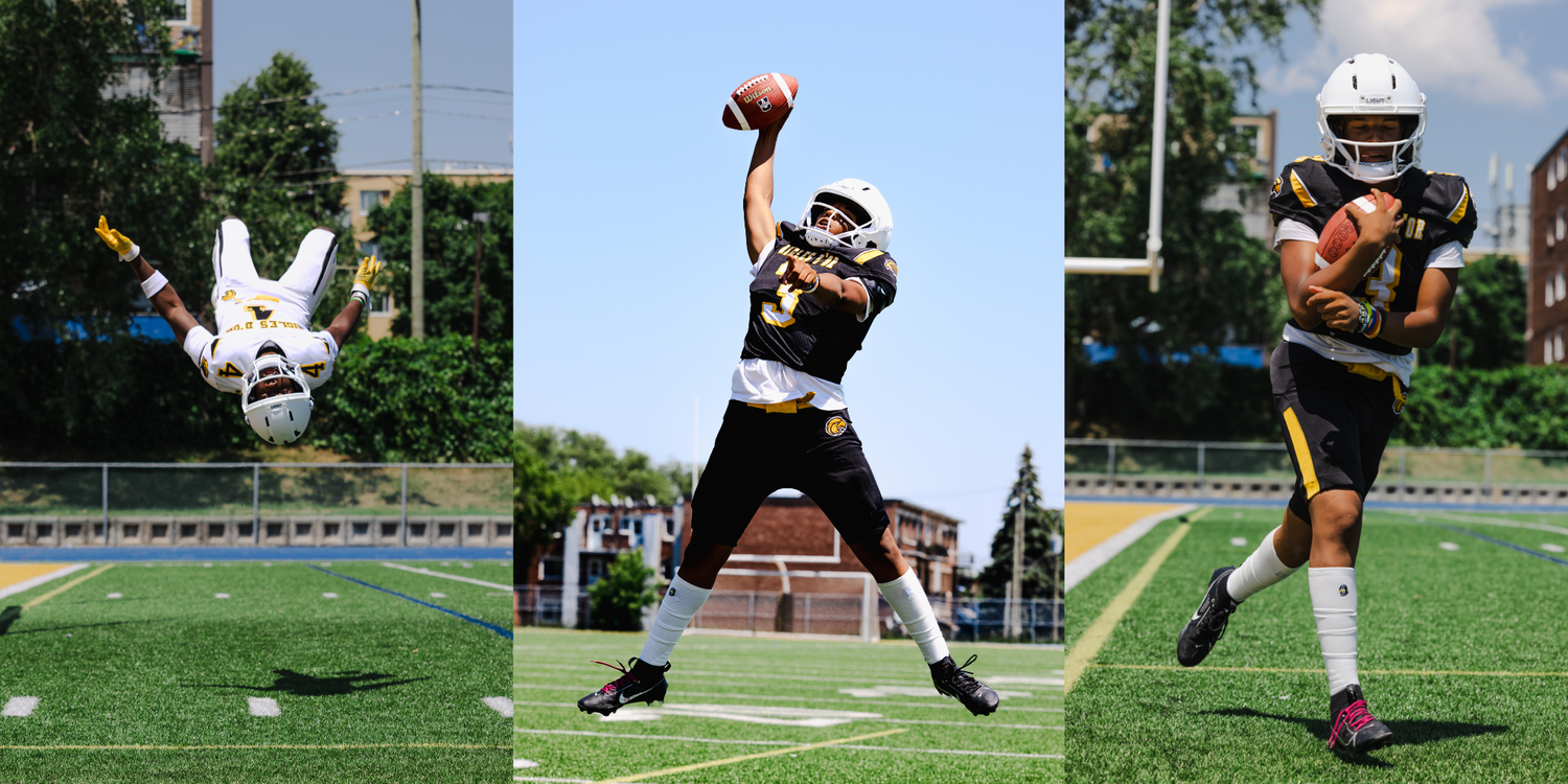 3 different pictures of football players wearing a white LIGHT Gladiator football helmet with a football on a football field