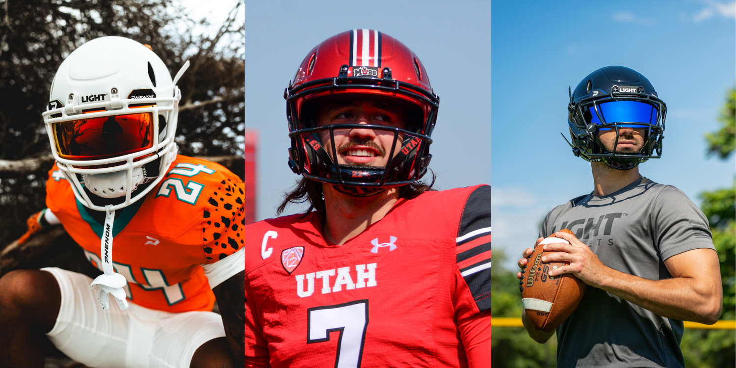 3 different football players wearing three different styles of the LIGHT LS2 Varsity helmet