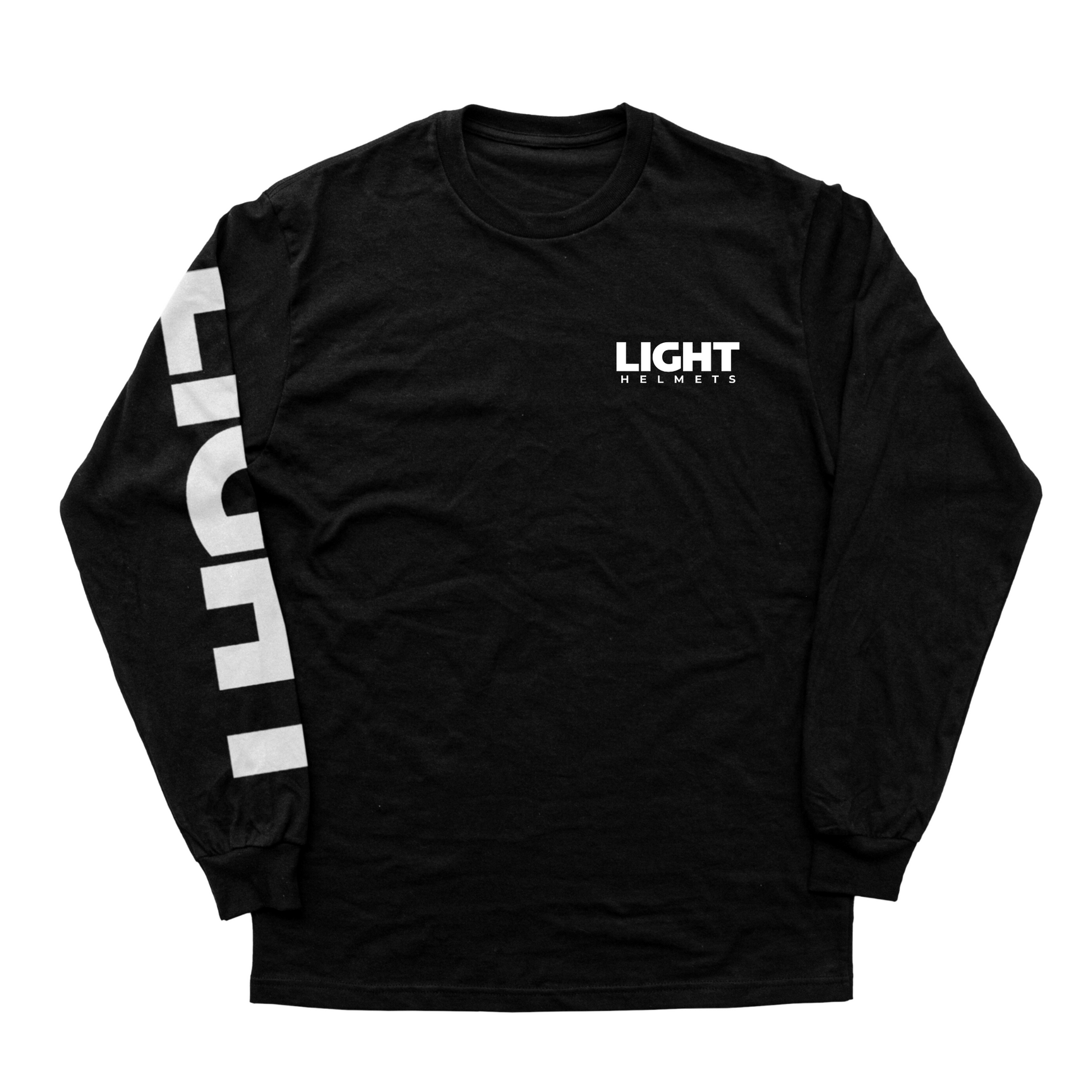Black long-sleeve shirt with 'LIGHT HELMETS' branding on a white background