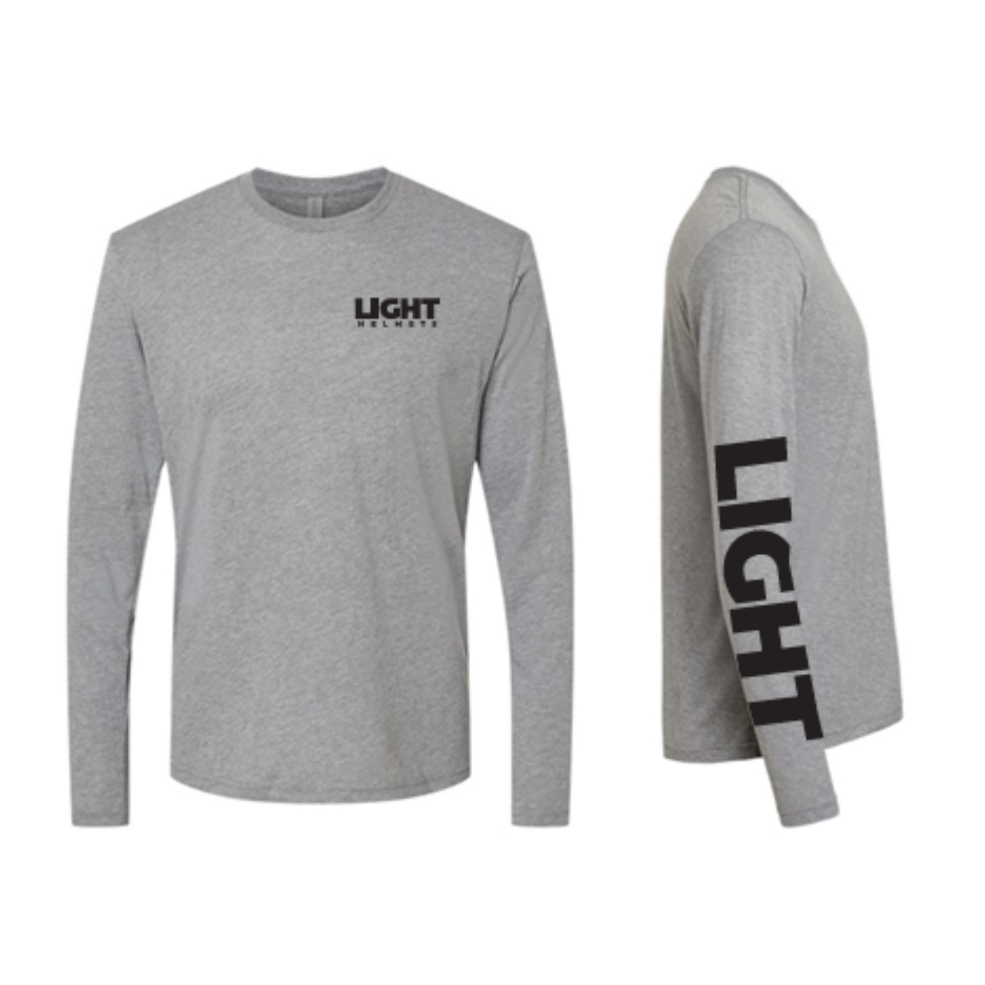 Gray long-sleeve shirt with 'LIGHT' branding on a white background