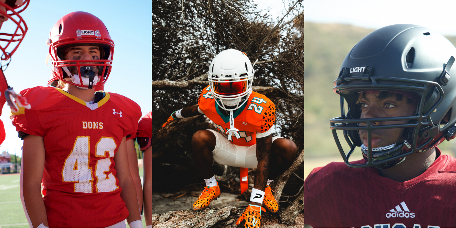 3 different players wearing 3 different styles of LIGHT LS2 football helmets