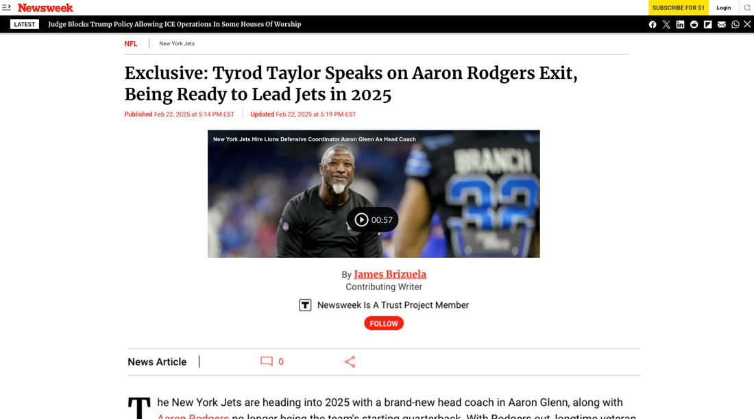 Newsweek article featuring Tyrod Taylor discussing the future of the New York Jets and his thoughts on Aaron Rodgers