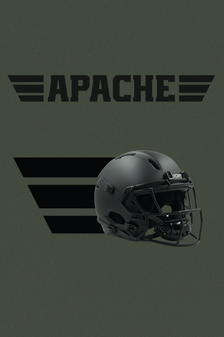 Black LIGHT Apache Football Helmet on Green Background