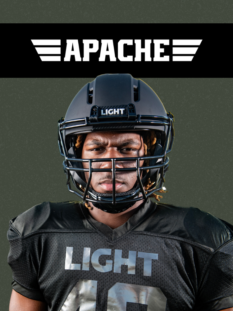 Football player wearing black LIGHT Apache helmet with Apache logo