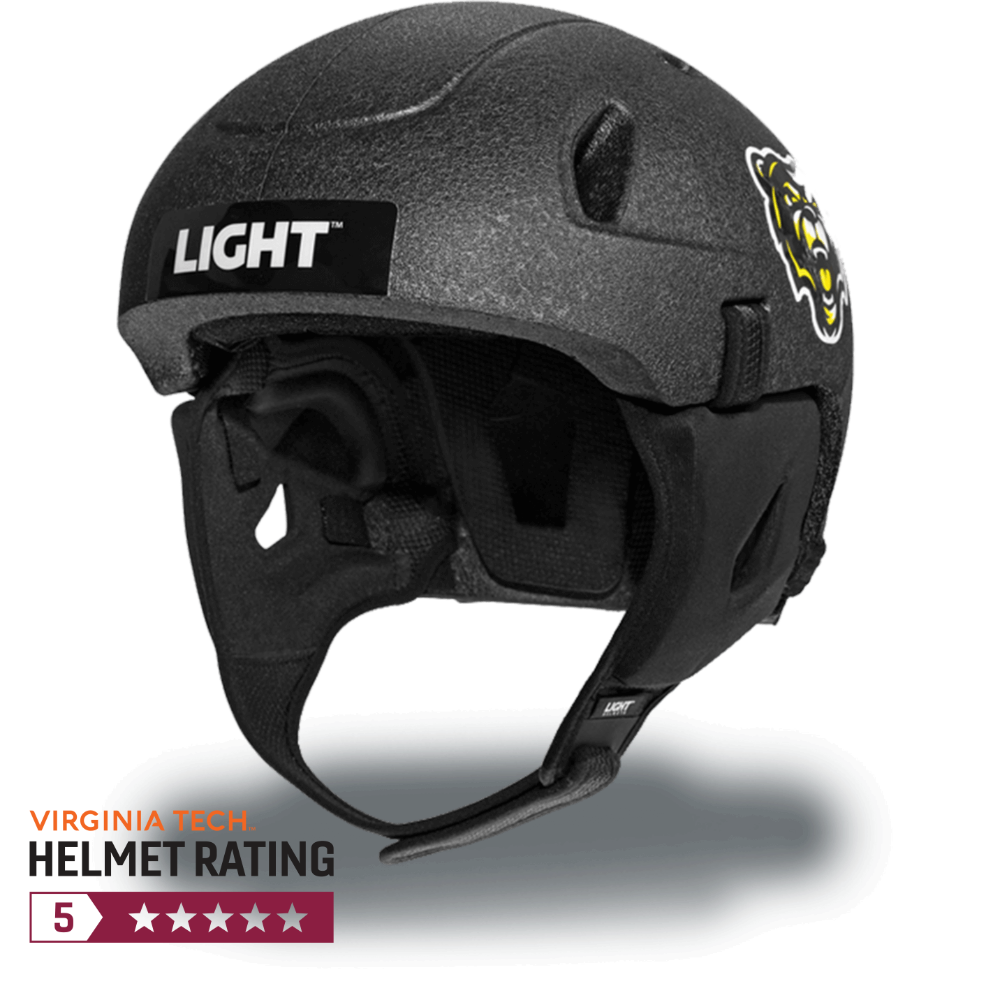 Black LIGHT SS1 Soft headgear helmet on white background with customized decals