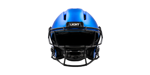 Blue LIGHT Gladiator ATK football helmet with a black face mask