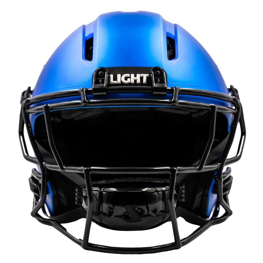 Blue LIGHT Gladiator ATK football helmet with a black face mask