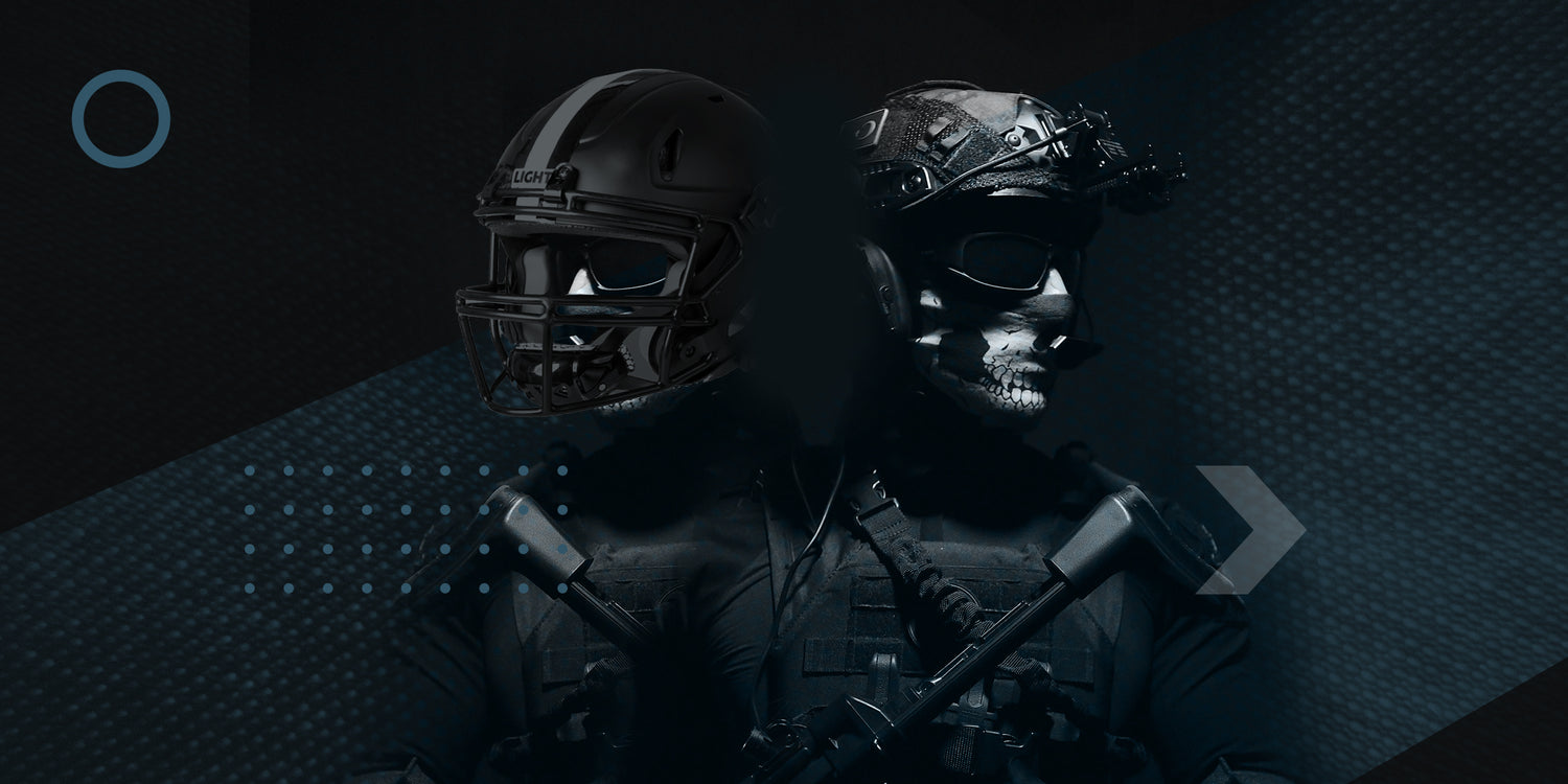 Dark image showing a LIGHT LS2 composite varsity football helmet next to a military combat helmet