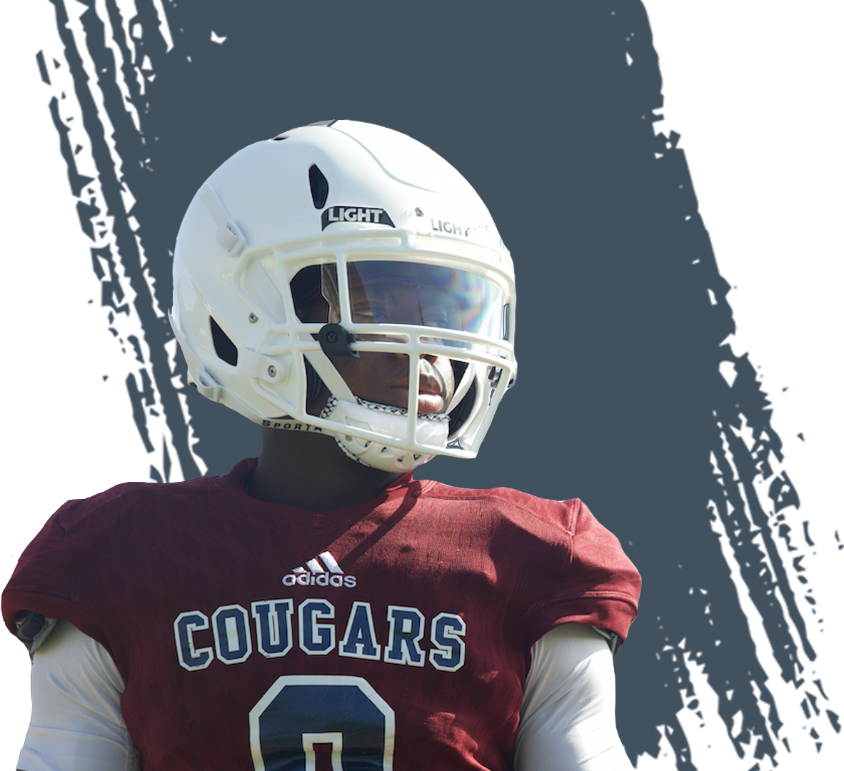 Youth football player wearing a White LIGHT LS2 Helmet with an Oakley facemask on white background