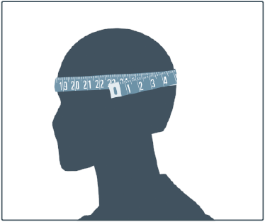 Outline of a football players head with a flexible measuring tape around it for sizing