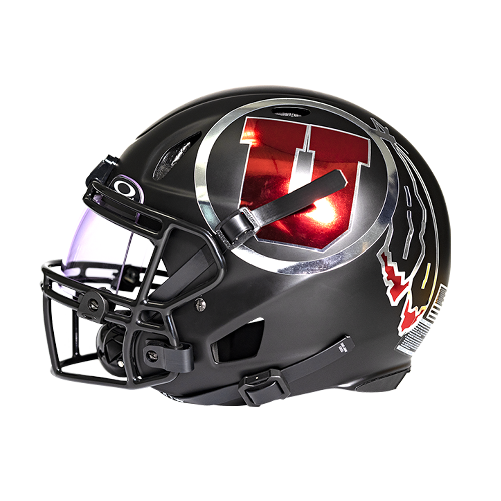 Light Helmet LS2 Football Helmet with University of Utah Utes Decals on Black Helmet